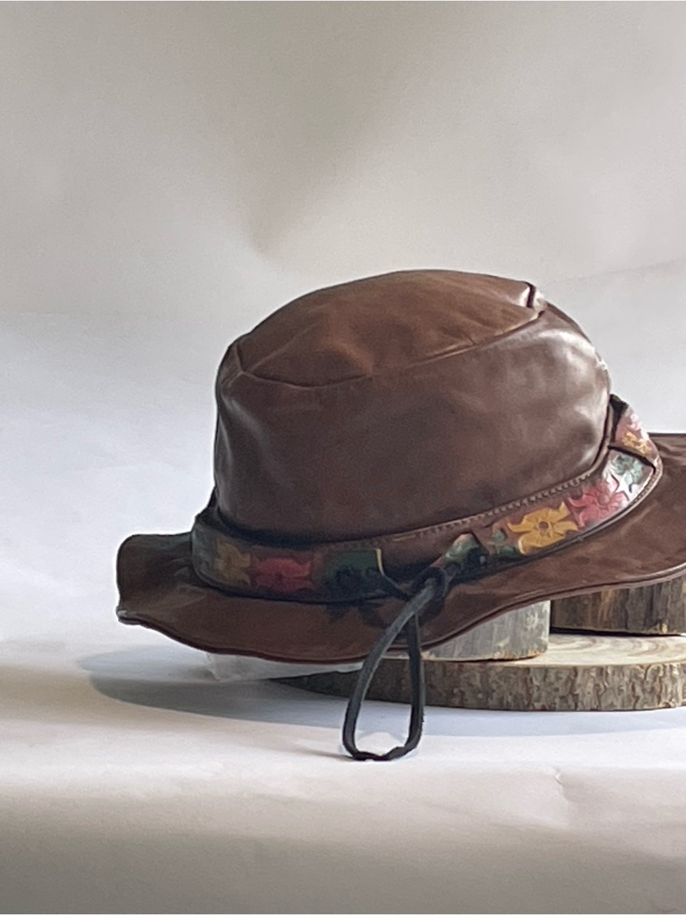 Vintage 70’s Brown Leather Hat with Multicolor Floral Trim - Picture 4 of 13